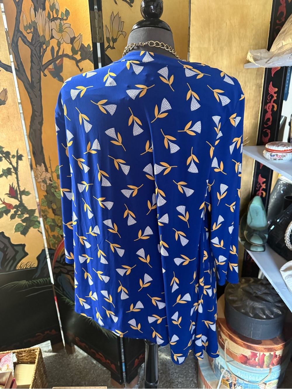 Anne Klein Royal Blue Tunic with Yellow and White Leaf Print - Picture 2 of 6